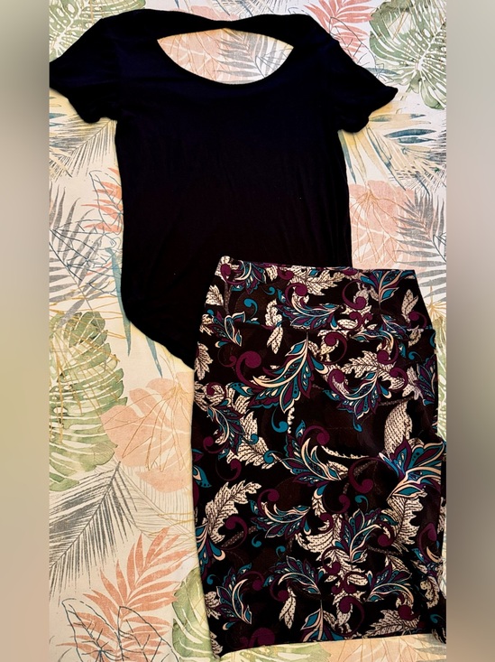 LuLaRoe Dresses & Skirts - Cassie LuLaRoe Black and Purple Patterned pencil Skirt and black shirt lot